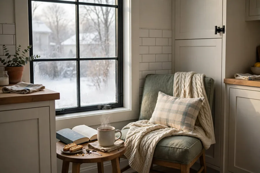 Kitchen corner reading nook with a chair small table tea and books by a window
