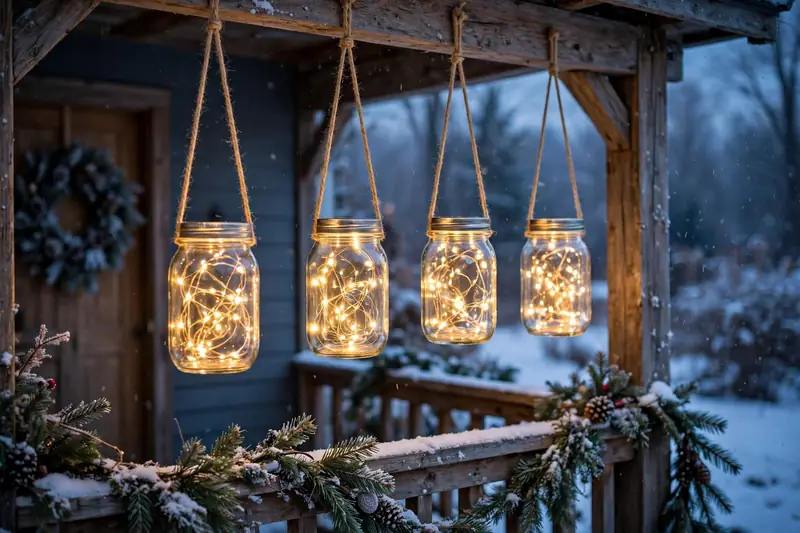 Photorealistic photograph of mason jars filled with warm fairy lights hanging on a front porch
