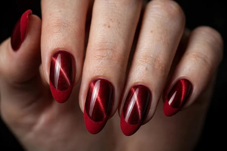 Velvet wine dark red cat eye nails with matte tips