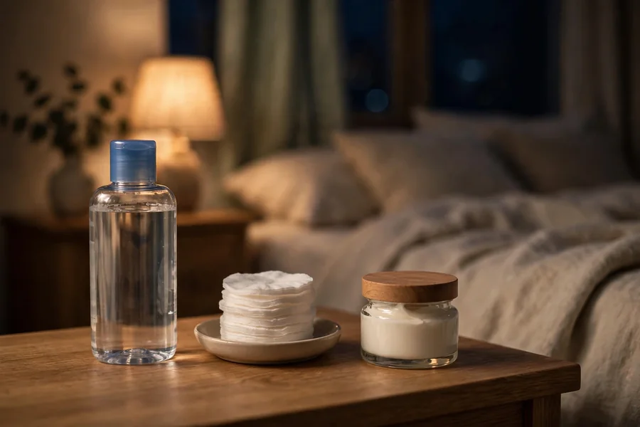 Micellar water and cotton pads on a bedside table