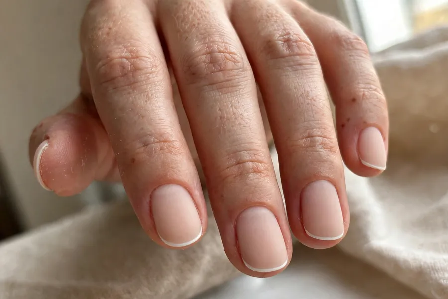 Matte micro French nails with velvety finish