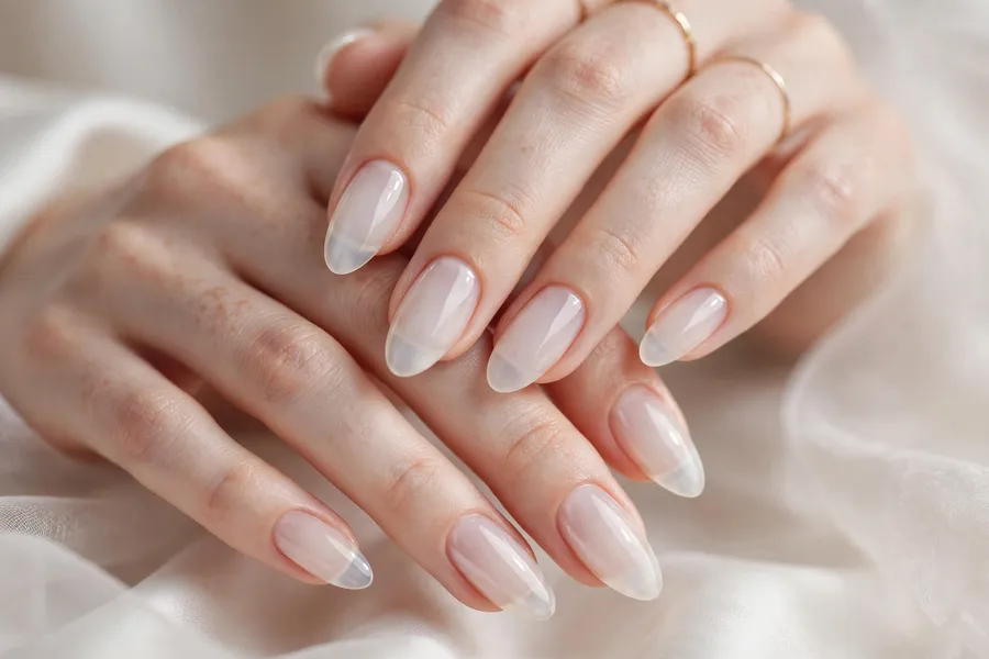 Milk white sheer jelly glass nails on real hands
