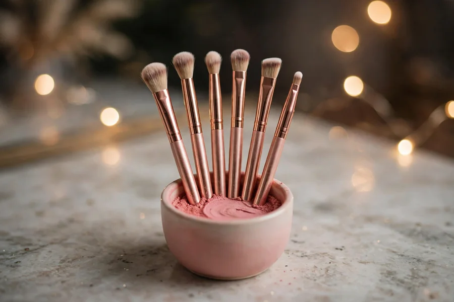 Mini makeup brush set with six rose-gold handled brushes in a blush cup