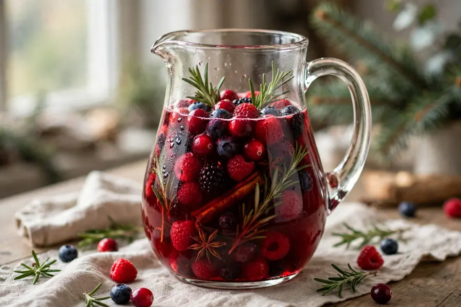 Mulled berry punch in a glass pitcher with berries and rosemary sprigs