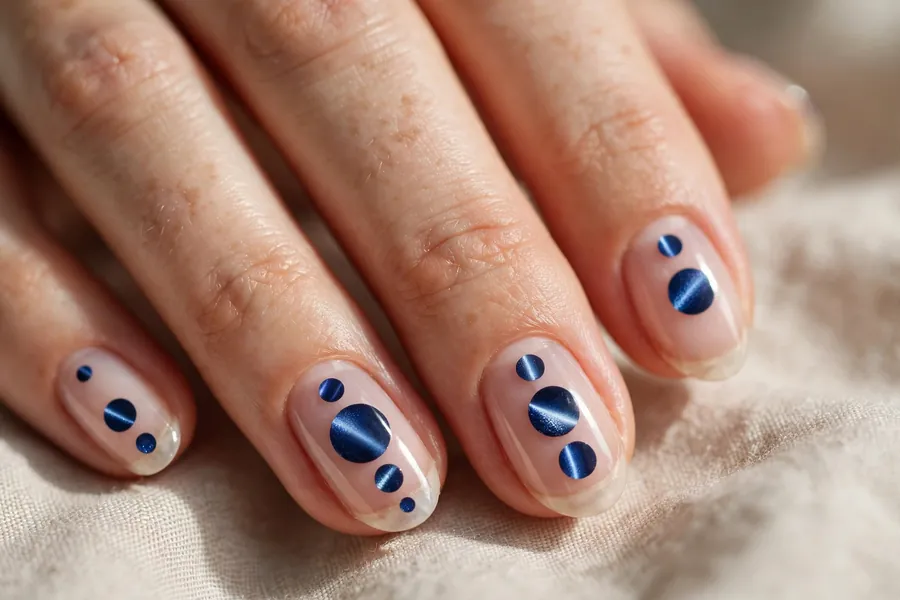 Negative space polka dot cat eye nails with magnetic dots on a clear base
