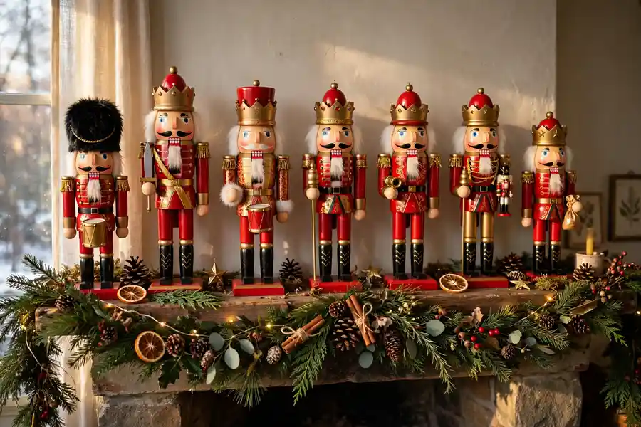 Nutcracker figures lined up along a Christmas mantel