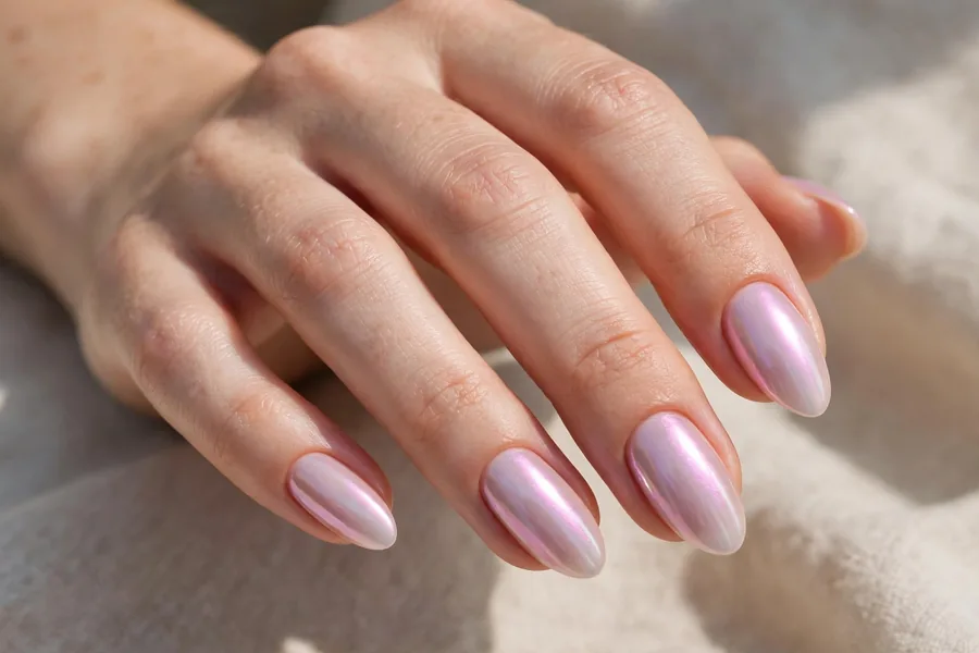 Real hand with pearlescent iridescent lip gloss nails, soft glowing shine