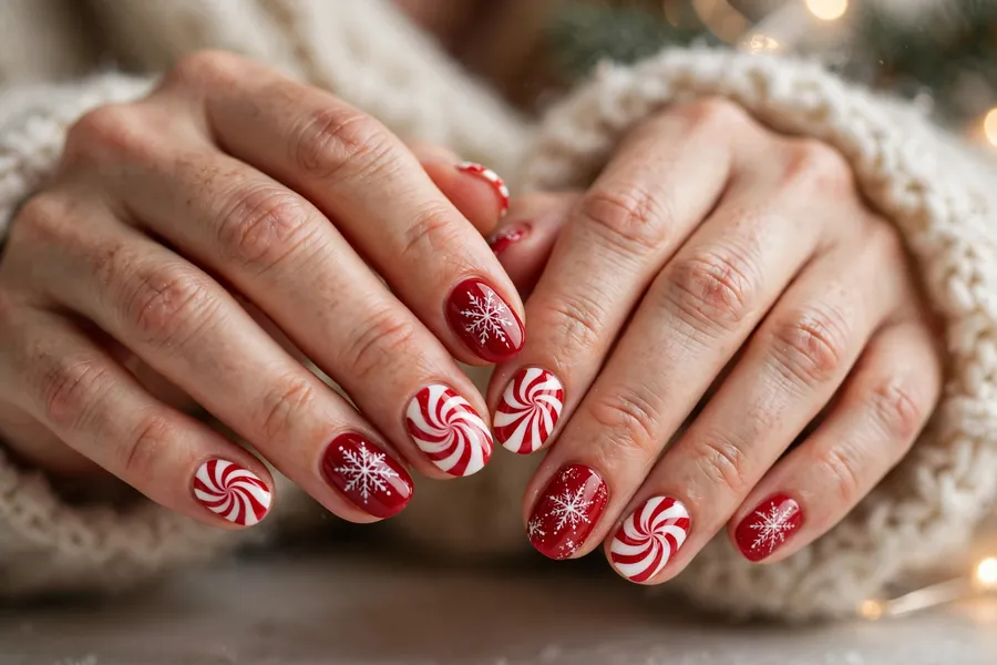 Peppermint and snowflake mix nails with red white and snow art on real hands