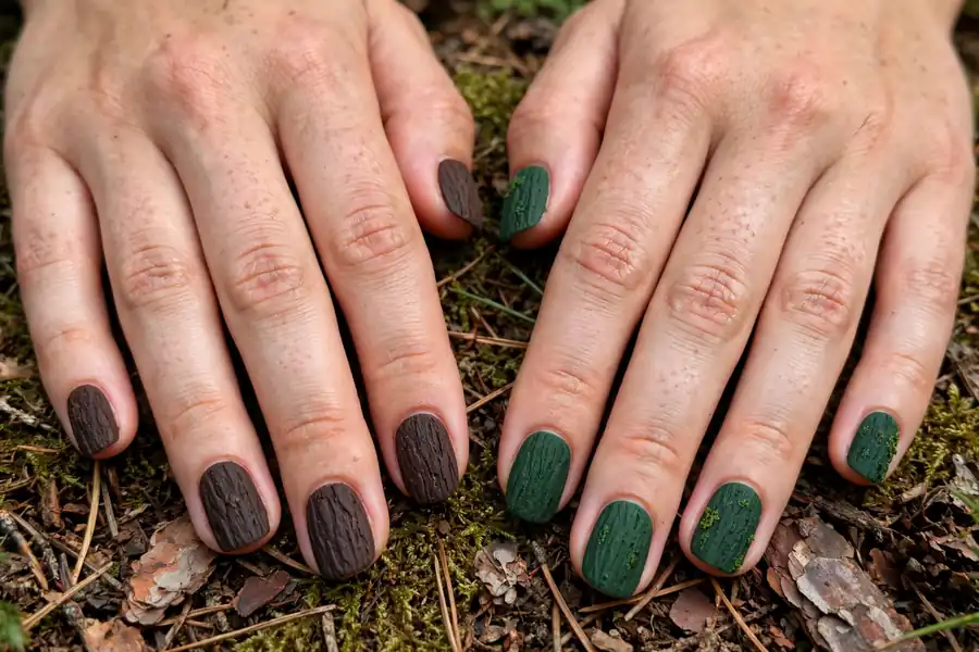 Textured pine bark inspired evergreen nails on real hands