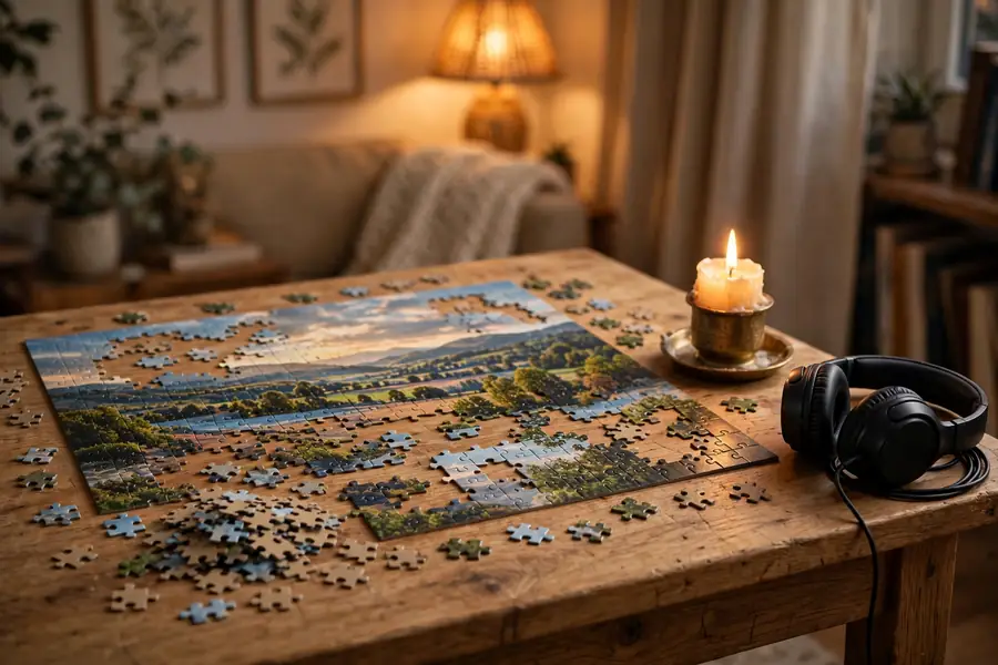 Jigsaw puzzle with candlelight and headphones for fall self care
