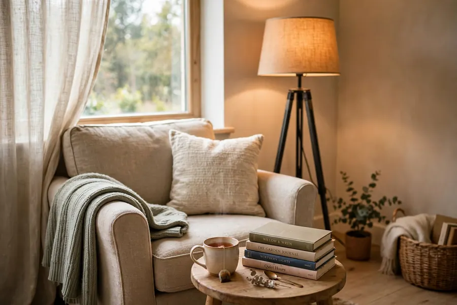 Fall home decor ideas with a cozy reading corner armchair and floor lamp