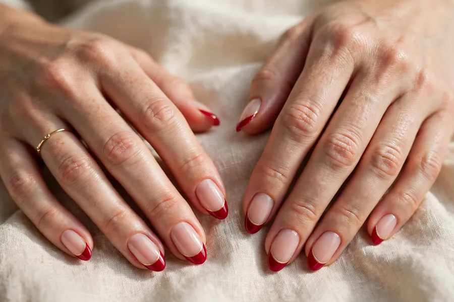 Red French manicure edged with a fine gold line on real hands
