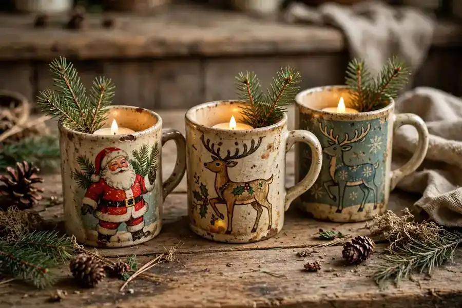 Vintage Christmas mugs with retro Santa designs holding pine sprigs by a fireplace