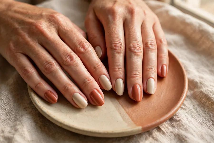 Sand and clay two-tone earthy nails on real hands