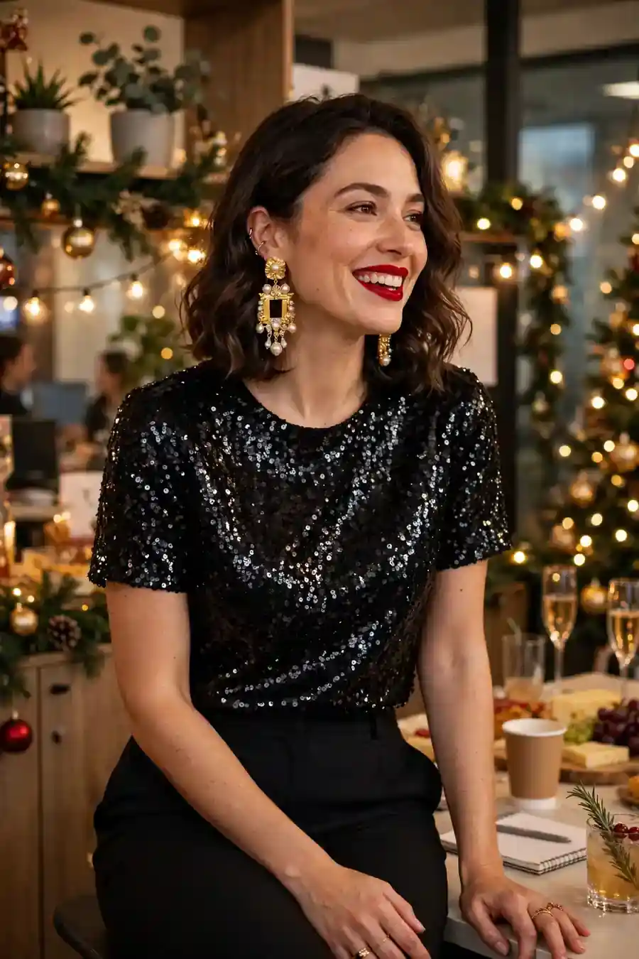 Black sequin top with tailored trousers at an after-work holiday party