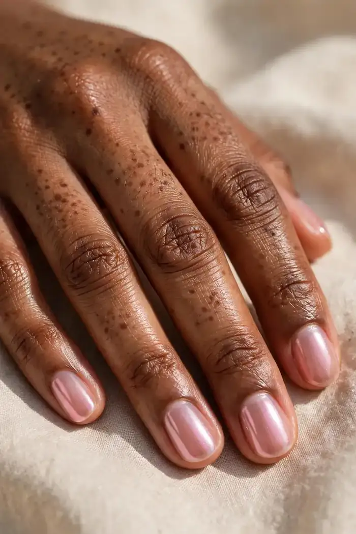 Short oval jelly pink chrome nails for everyday wear