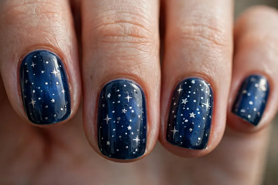 Deep blue nails with silver star nail art