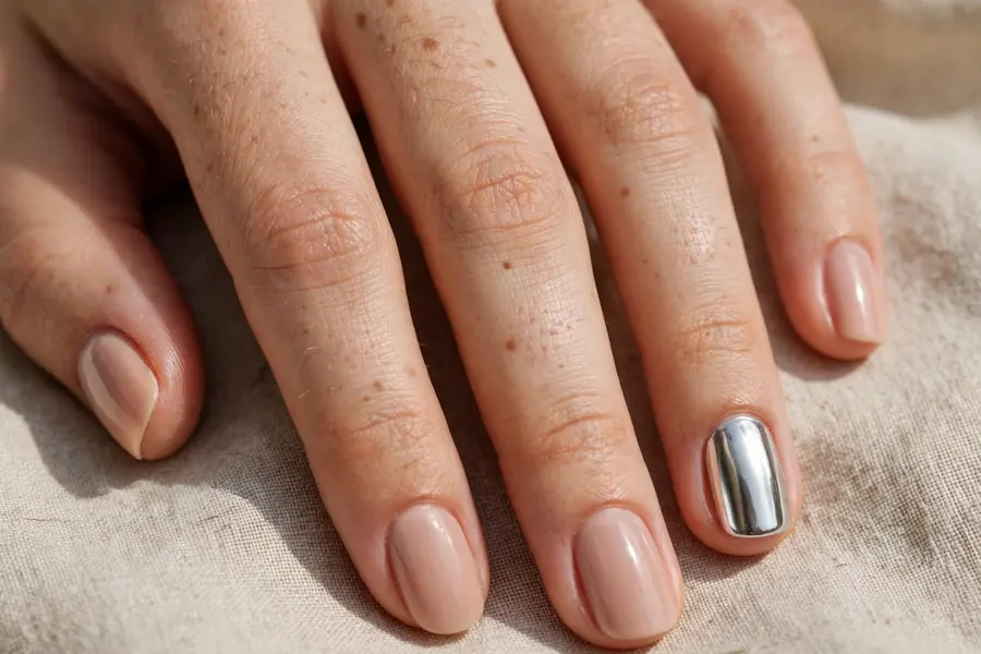 Nude nails with a single silver chrome accent nail on real hands