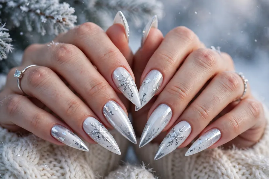 Long stiletto nails in icy white and silver with dramatic snowflake nail art near the tips on real hands