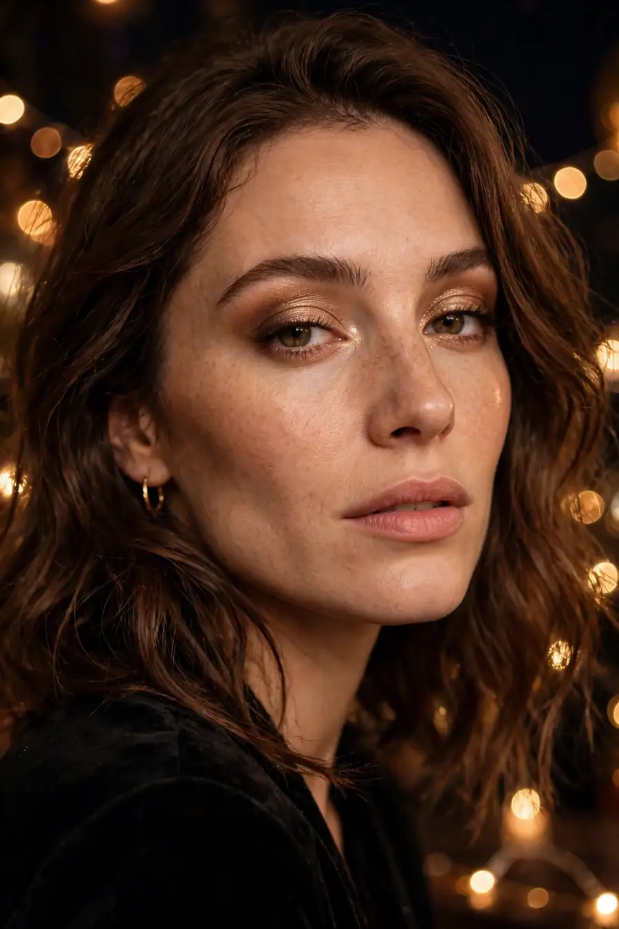 Woman with soft gold and warm brown eyeshadow for New Year's Eve