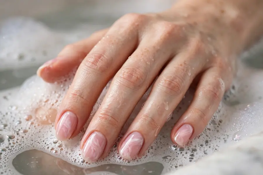 Bubble bath nails with soft white marble swirls on real hands