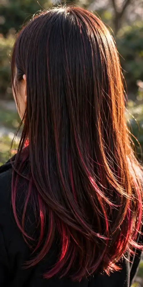 Subtle cherry lowlights on natural brown hair, cherry cola brunette