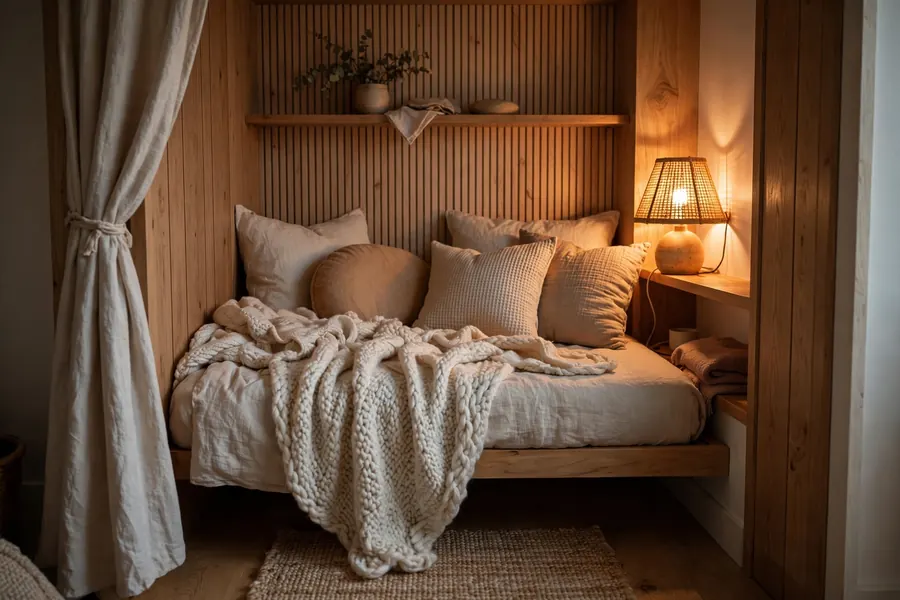 tiny cozy bedroom nook with bed against the wall and soft textiles