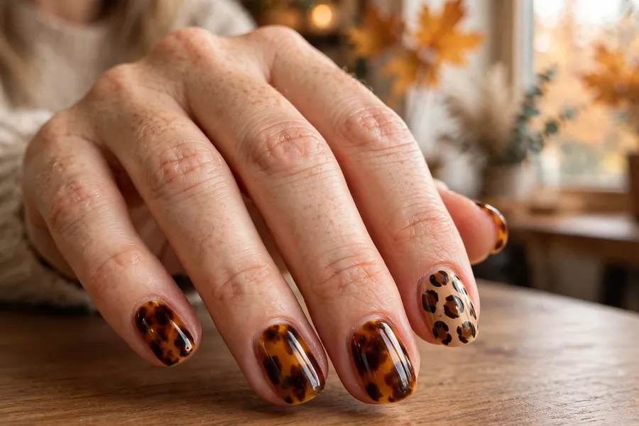 Tortoiseshell nails with a leopard print accent