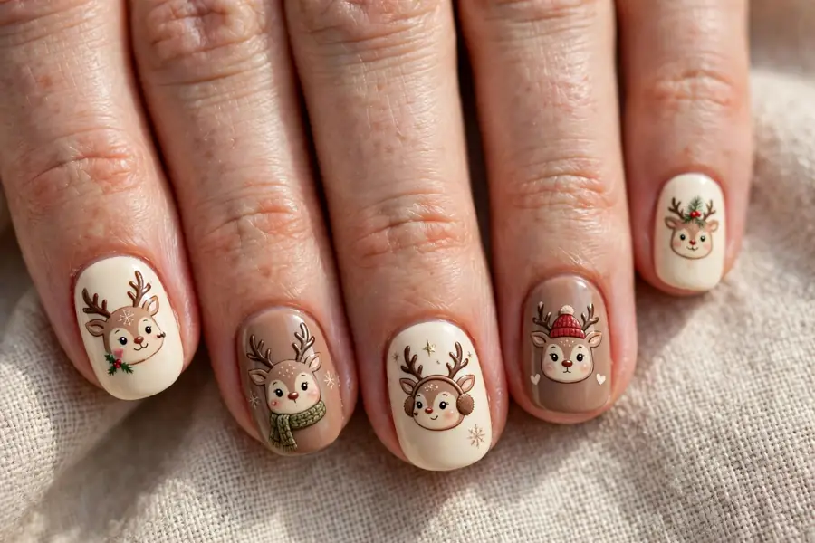Whole reindeer herd nails with a different reindeer on each nail on real hands