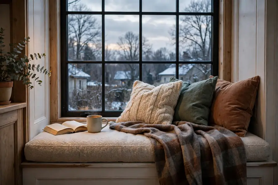 window seat nook with pillows and a blanket in a cozy living room