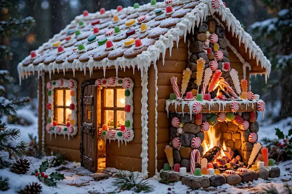 Photorealistic photograph of a cozy gingerbread cabin with warm glowing windows and a candy fireplace