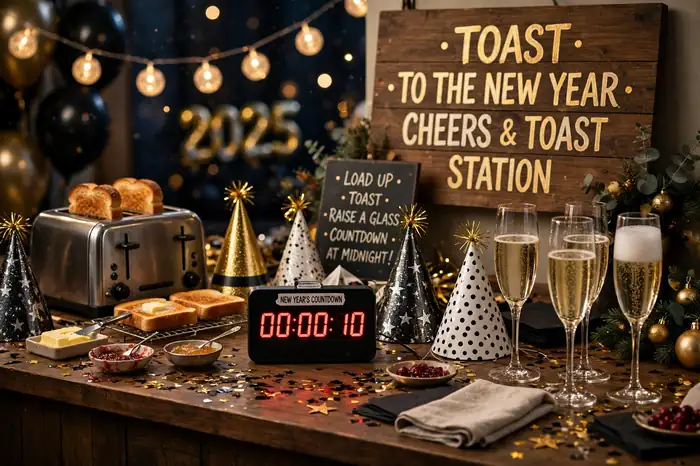 Countdown toast station with party hats and champagne for New Year's Eve