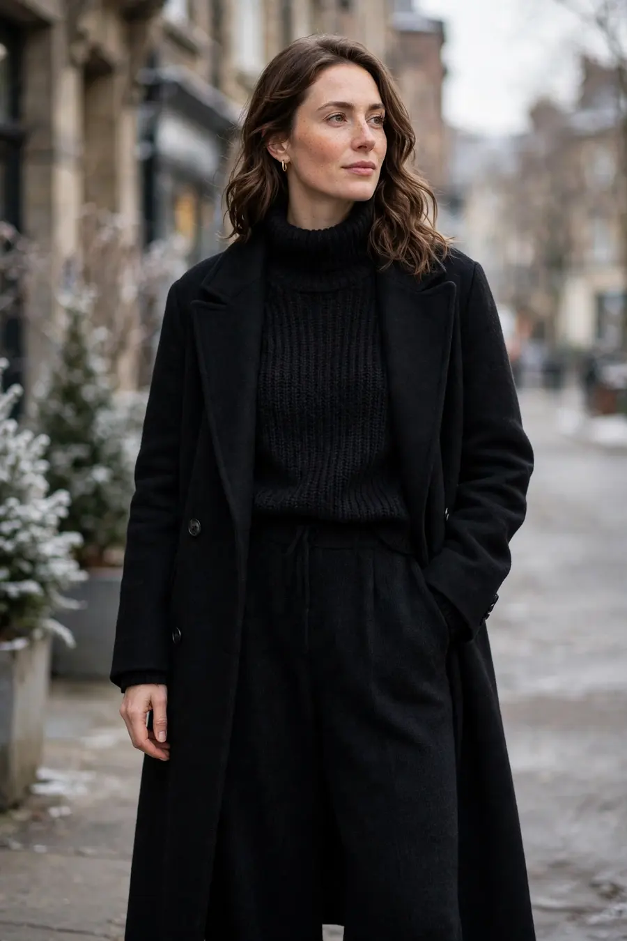 Woman wearing a matching black knit sweater and wide-leg trousers with a long coat