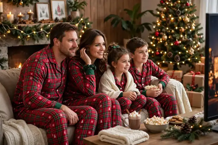 Family in matching Christmas pajamas gathered on a sofa watching a holiday movie
