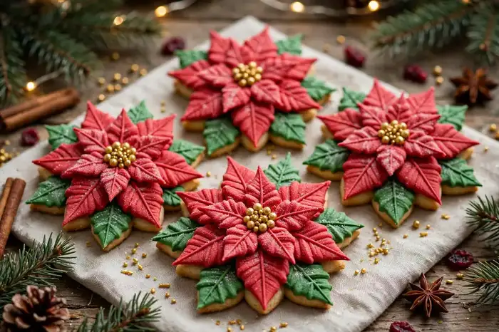 Poinsettia flower cookies with red petals, green leaves and gold centres