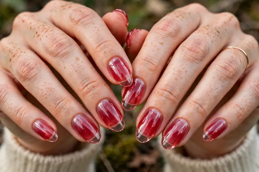 Sheer cranberry jelly nails with glossy translucent finish
