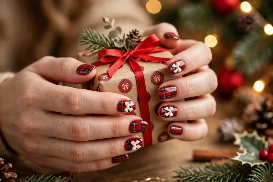 Plaid nails with tiny bow accents