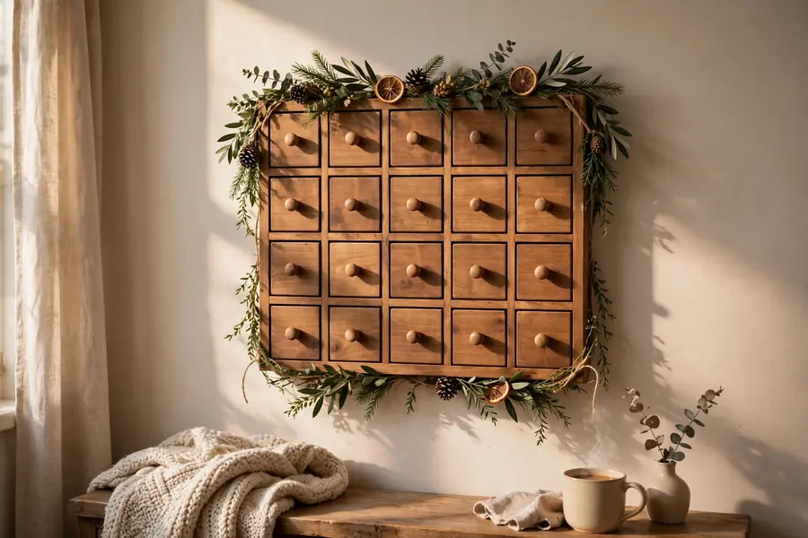 Wooden Advent calendar with small drawers and greenery on a wall