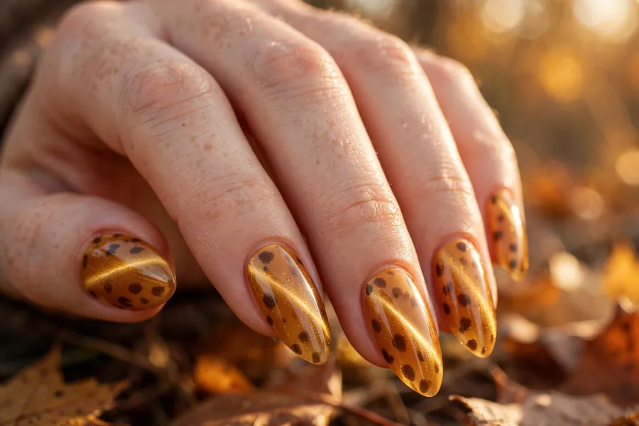 Amber tortoise polka dot cat eye nails with dark brown dots