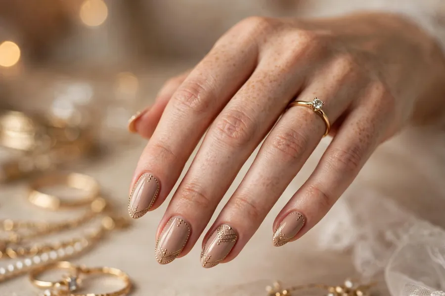 Bridal nails with antique gold linework detailing