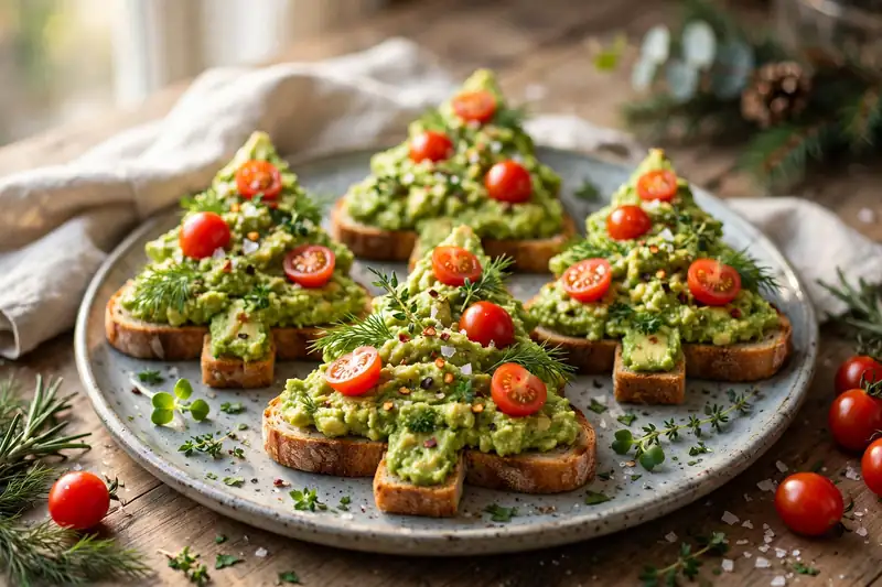 Avocado toast Christmas trees with cherry tomatoes and herbs