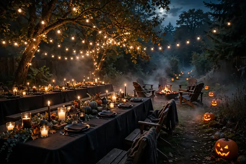 Moonlit Halloween backyard party with string lights, glowing jack-o-lanterns and fire pit