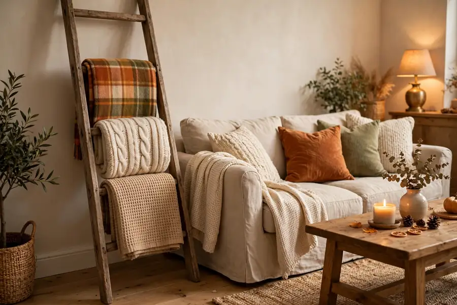 Fall home decor ideas with a wooden blanket ladder holding fall throws