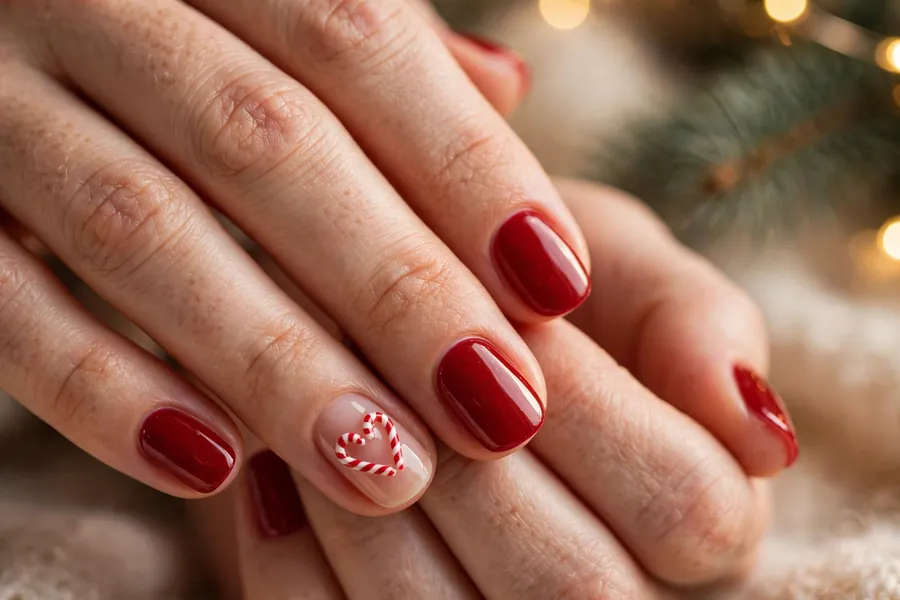 Candy cane heart nails with two canes forming a heart on real hands