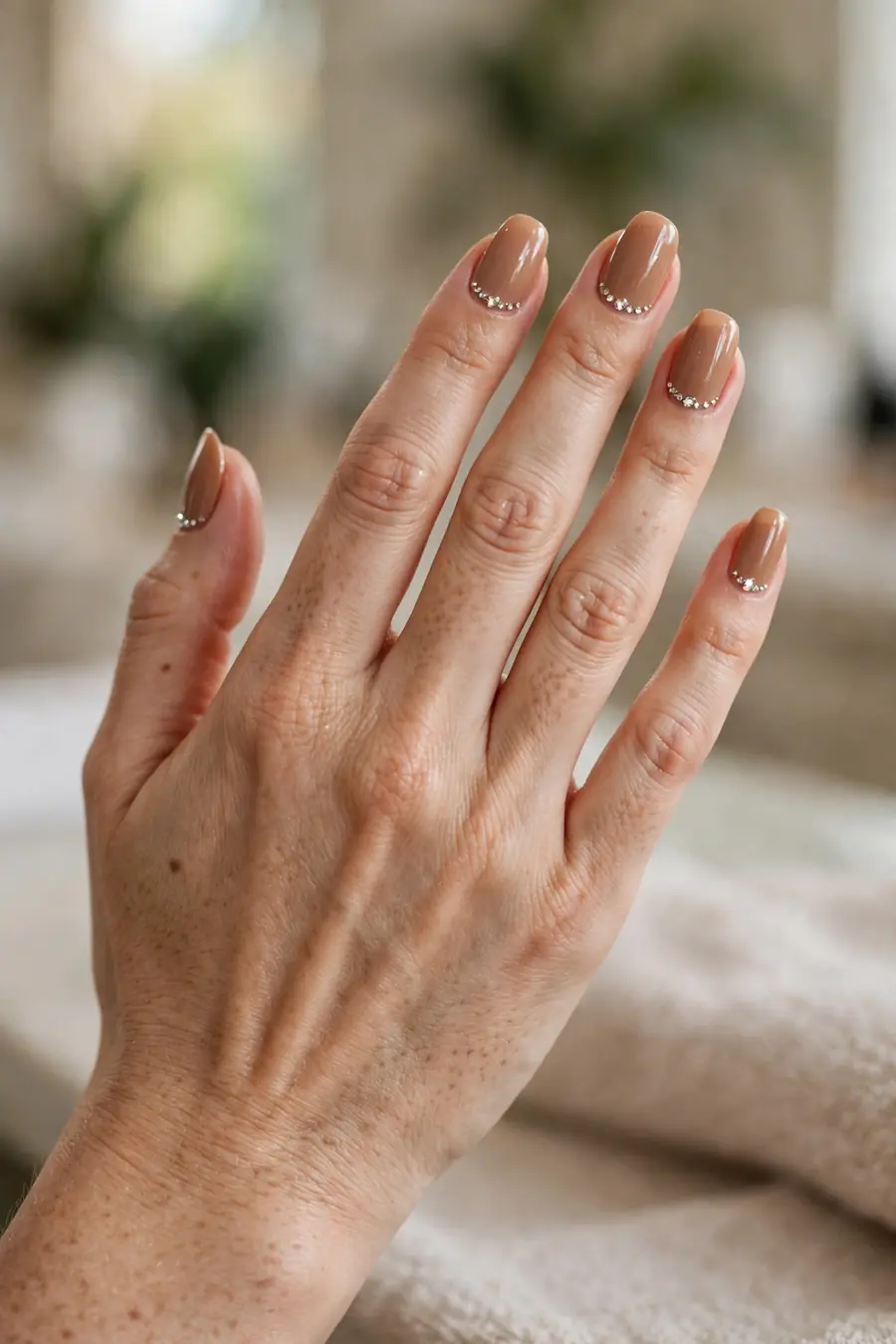 Caramel nude nails with tiny rhinestone crystals along the cuticle