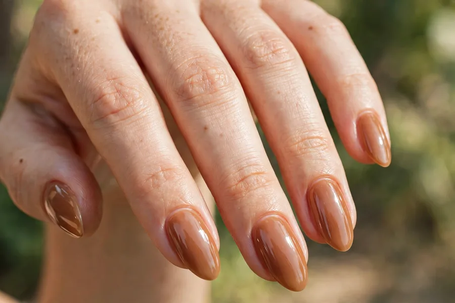 Real hand with warm caramel lip gloss nails, glossy juicy finish