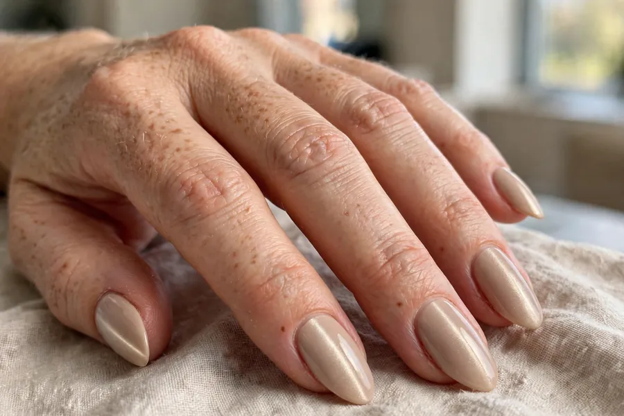 Nude beige cat-eye nails with subtle glow