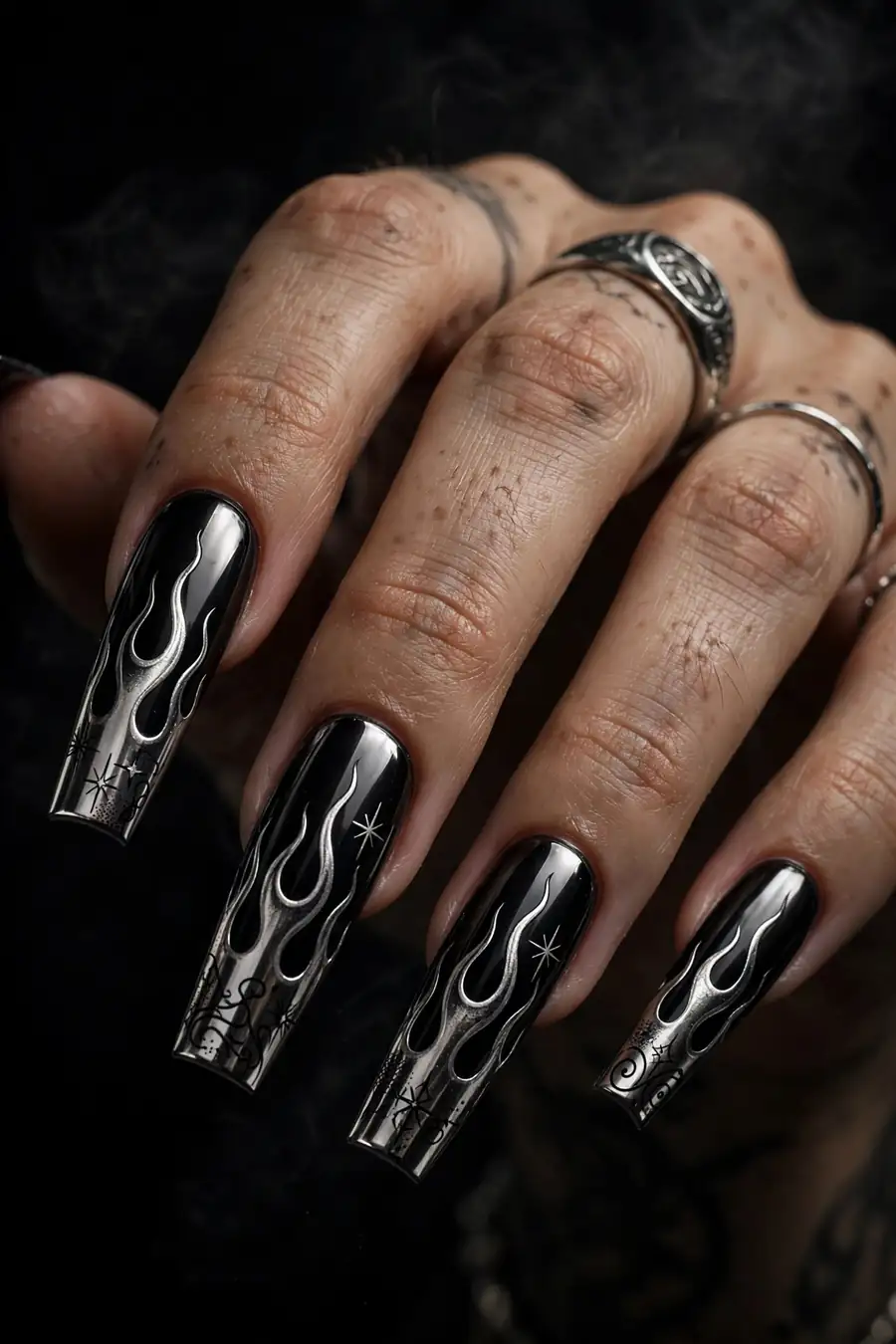 Black gothic chrome coffin nails with flame art