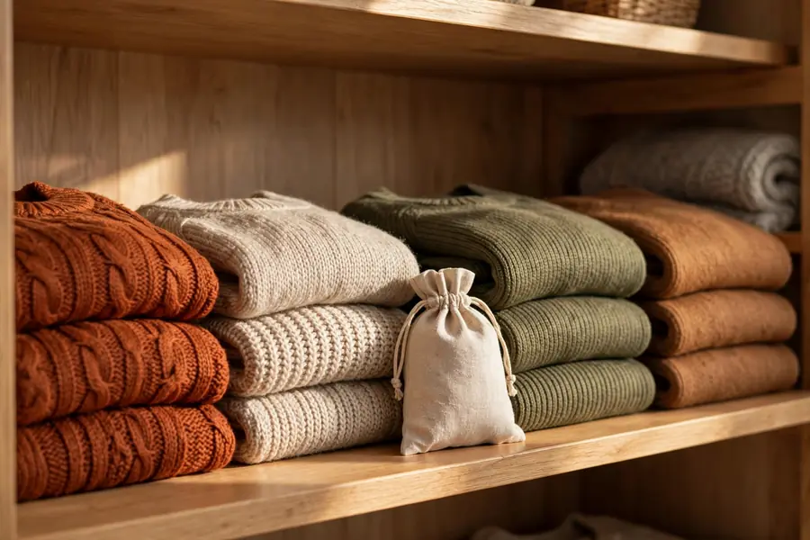 Folded autumn sweaters in a cozy closet reset