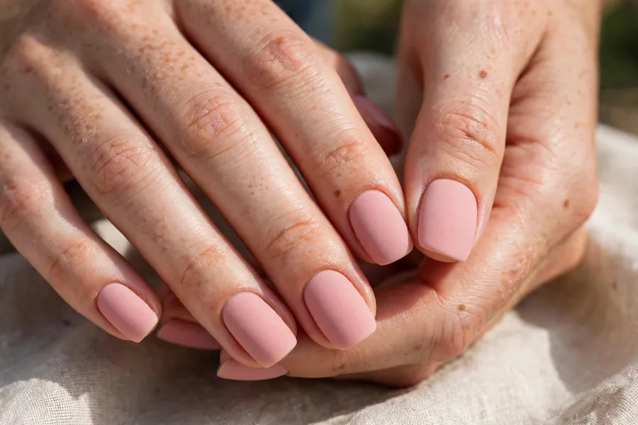 Matte blush nails on real hands with a soft velvety pink finish